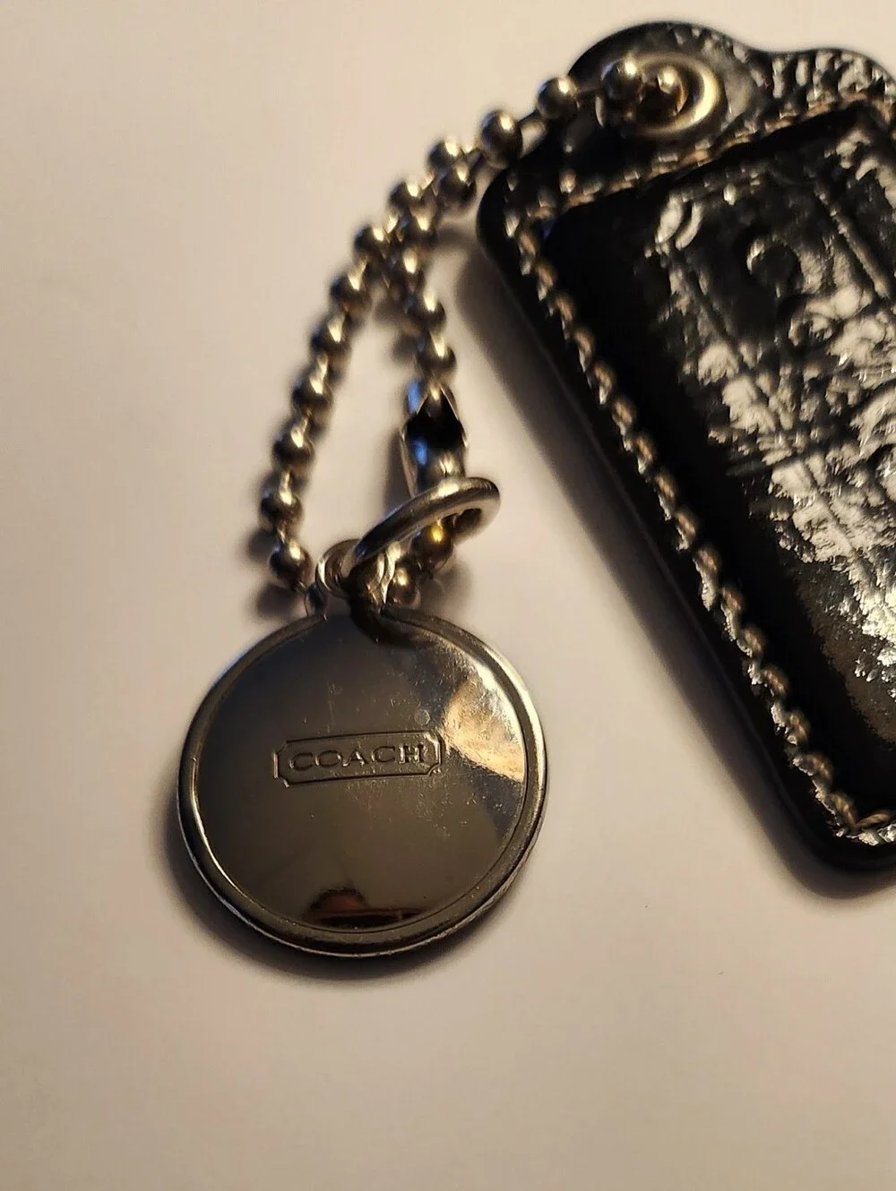 Coach Black Patent Leather Key & Round Silver Charm